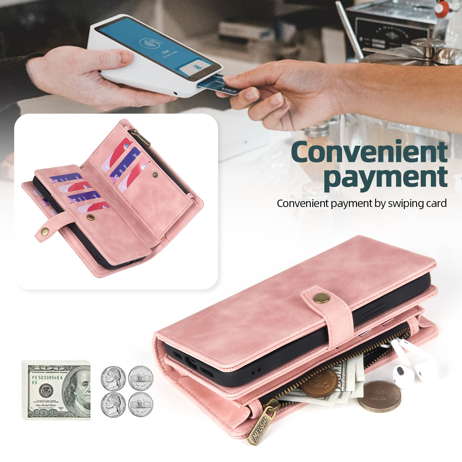 Detachable Magnetic Wallet Flip Leather Case For Samsung Galaxy S24 S23 S22 Ultra S21 Plus S23FE Zipper Card Slots Holder Pocket Kickstand Phone Cover