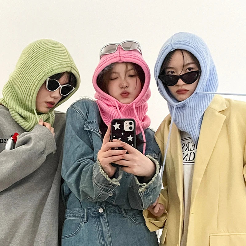 Beanie/Skull Caps Winter Womens Hats Unisex Knitted Hooded Neck Collar Cap Beanie For Men Women Drawstring Hats Warmer Balaclava Cap 231205