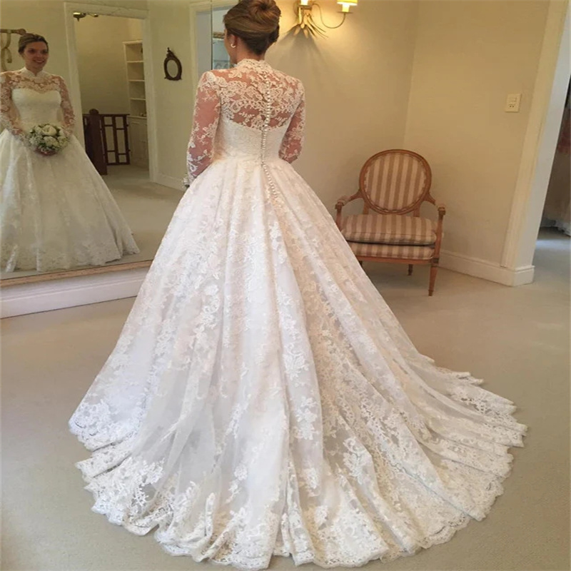 Royal Princess Laceful Wedding Dress High Neck Long Sleeve Ball Gown Church Bridal Dress 2024 Button Sweep Train Civil Country Rustic Dream Boho Chic 