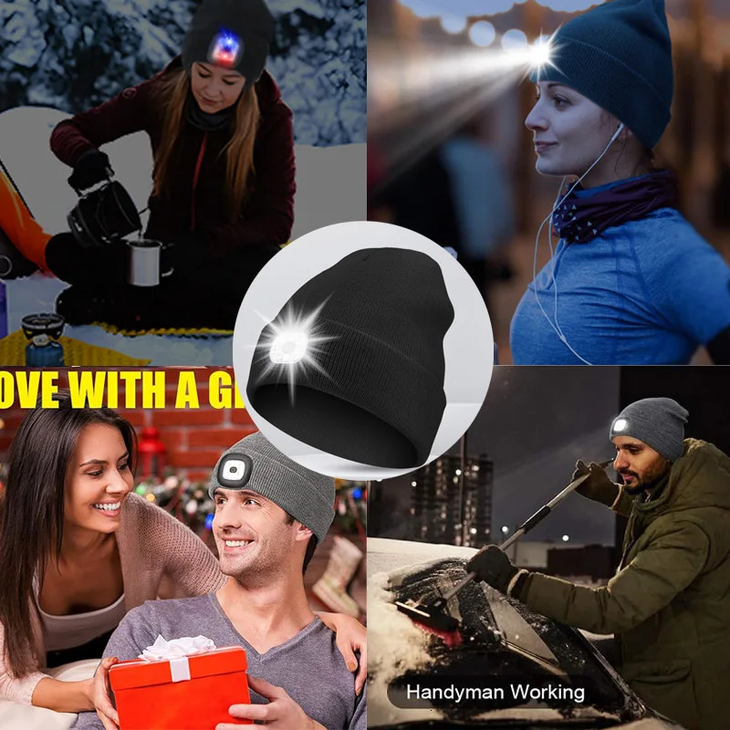 Beanie/Skull Caps Creative 6 LED Beanie Hats Unisex Winter Warm Hat for Night Riding fishing Warm Knit Caps Flashlight Head Lamp Cap washable 231205