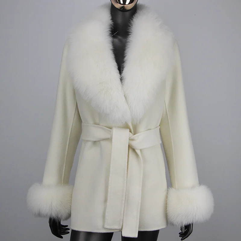 Womens Wool Blends Jackets CXFS Winter Women Cashmere Blended Coat Real Natural Fox Fur Collar Fashion Slim Jacket with Belt Loose Outwear 231206