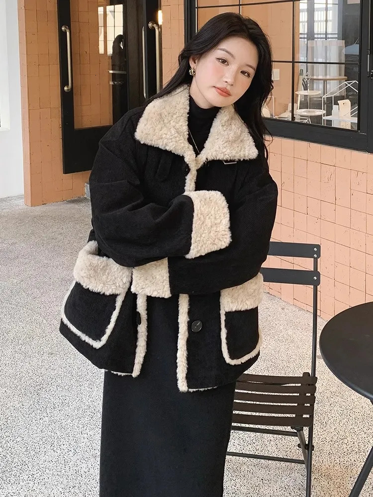 Women's Down Parkas 2023 Autumn Winter Women Warm Faux Fur Fleece Coat Jacket Ladies Lamb Wool Thickened Lapel Female Chic Outwear Corduroy Tops 