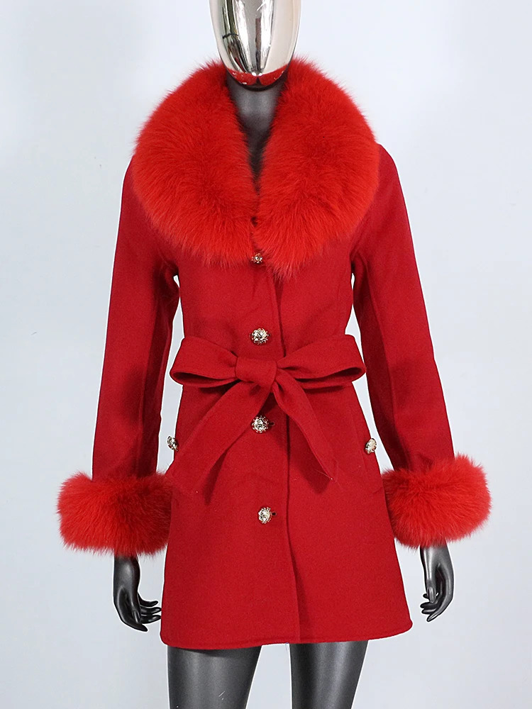Women's Wool Blends BLUENESSFAIR Real Fur Coat Winter Jacket Women Natural Collar Cuffs Belt Cashmere Woolen Outerwear Streetwear 231206