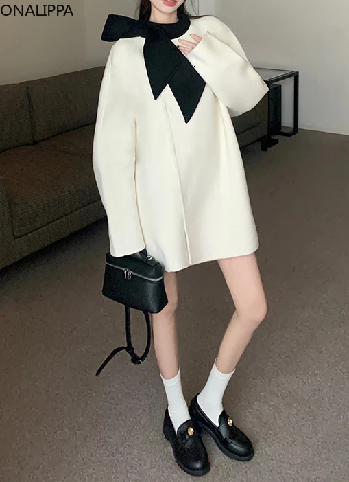 Women's Wool Blends Onalippa Bow Coat Women Twoside Single Breasted Loose Trench French Style All Match Midlength Winter Jacket 231206