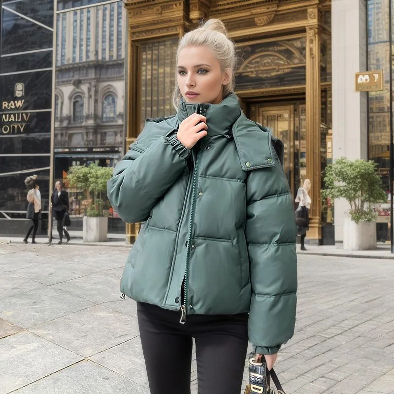 Women's Jackets 2023 Winter All Match Zipper Parka Women Solid Color Full Sleeve Chic Button Jacket Ladies Hooded Short Cotton Down Coat 231205