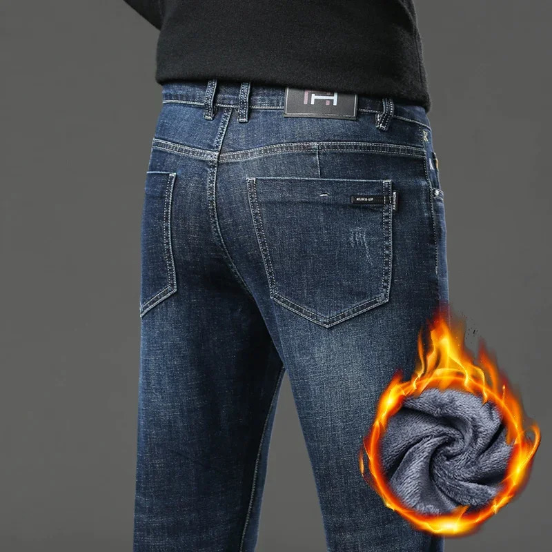 Womens Jeans Straight Elastic Fleece Mens Clothing Winter Thick Warm Casual Slim Fashion Male Retro Denim Trousers 231206