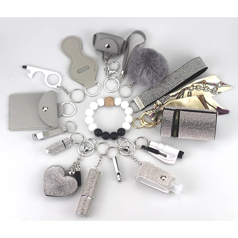 Keychains Lanyards 15pcs Portable Lipstick Masonry Defense Women Outdoor Fur ball pendant Keychain Set Key ring With Cylinder storage bag 231205