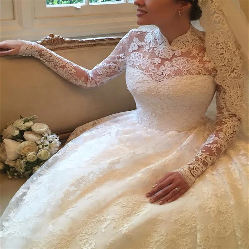 Royal Princess Laceful Wedding Dress High Neck Long Sleeve Ball Gown Church Bridal Dress 2024 Button Sweep Train Civil Country Rustic Dream Boho Chic 