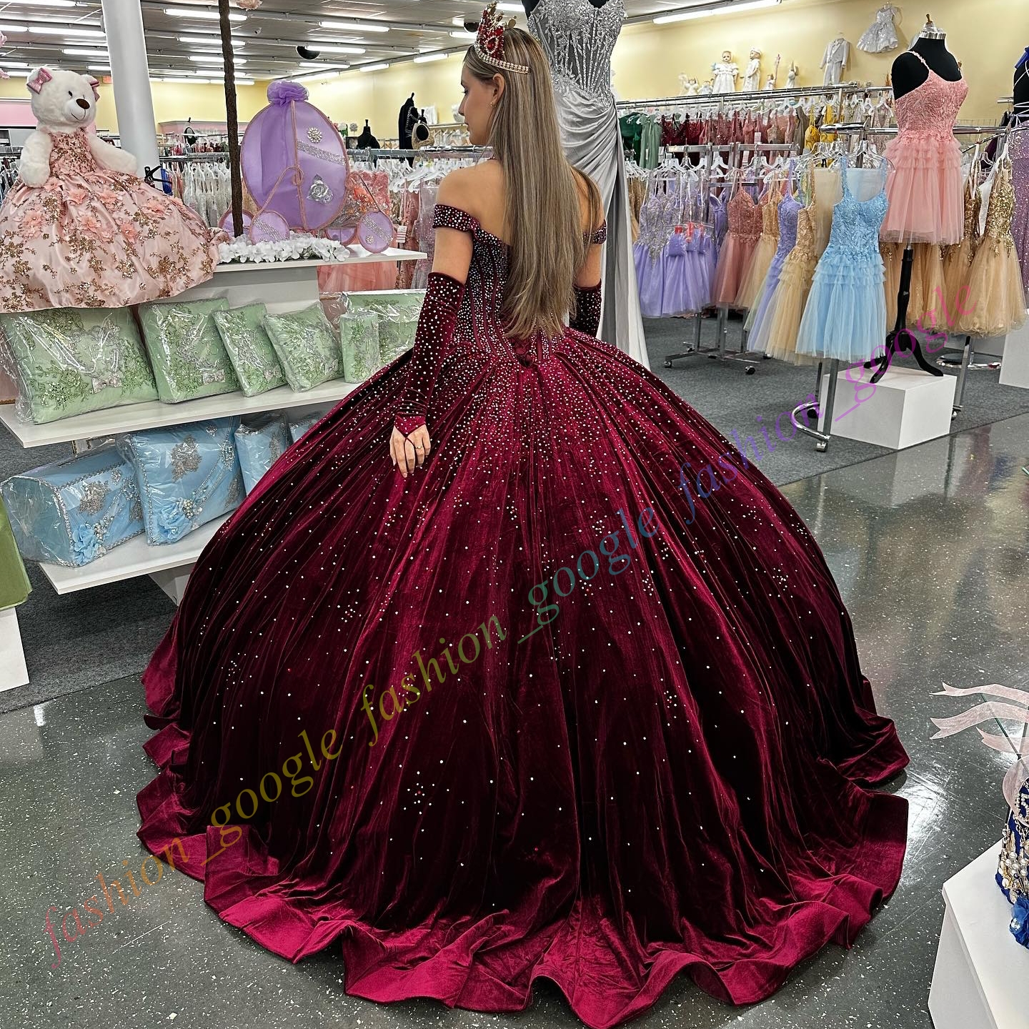 Off-Shoulder Veet Quinceanera Dress Sparkg Stone Ball Mexican Quince Sweet 15/16 Birthday Party Gown for 15th Girl Drama Winter Formal Prom Gala Detac