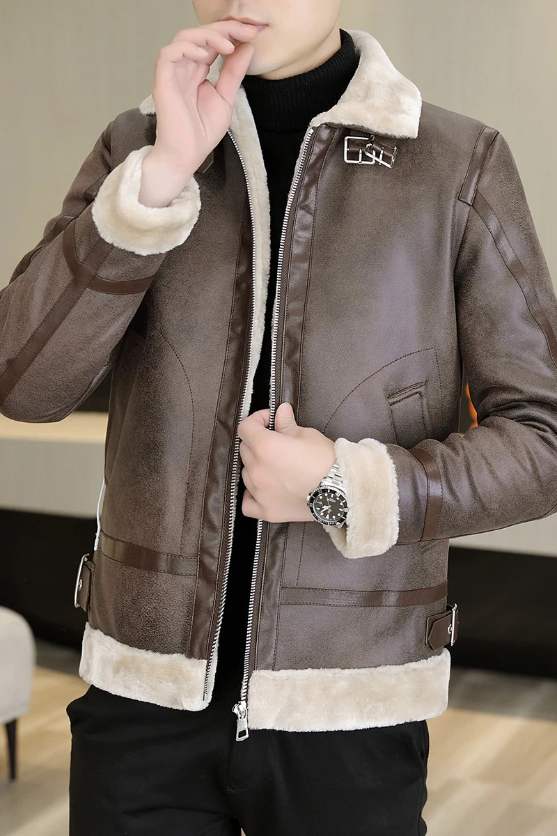 Men's Leather Faux Winter Fur Jacket Men Fashion Plus Velvet Padded Warm Motorcycle Casual Business Social PU Overcoat Clothing 231205