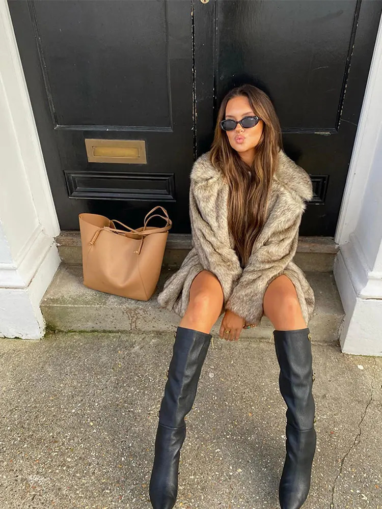 Women's Fur Faux Jacket Women Long Sleeve Turndown Collar Oversized Plush Female Coats 2023 Autumn Winter Office Ladies Streetwear 231205