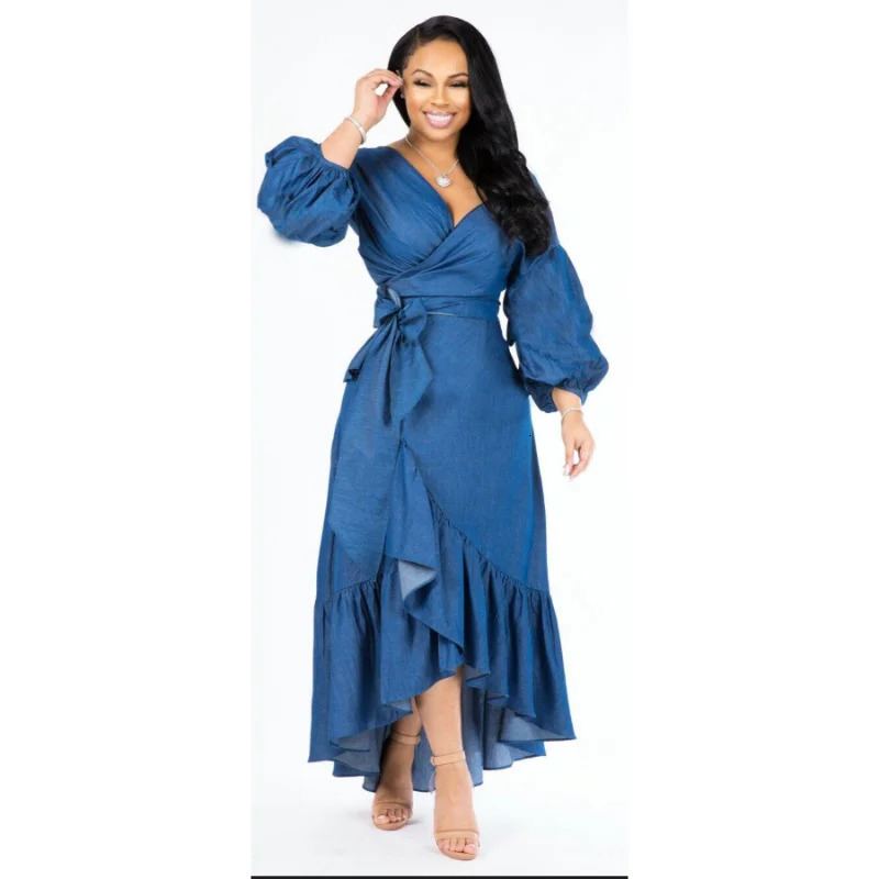 Urban Sexy Dresses WSFEC S2xl Elegant Women'S Long Sleeve Denim Irregular Casual Solid Maxi Dress Female Party Vestidos Wholesale Dropshopping 23