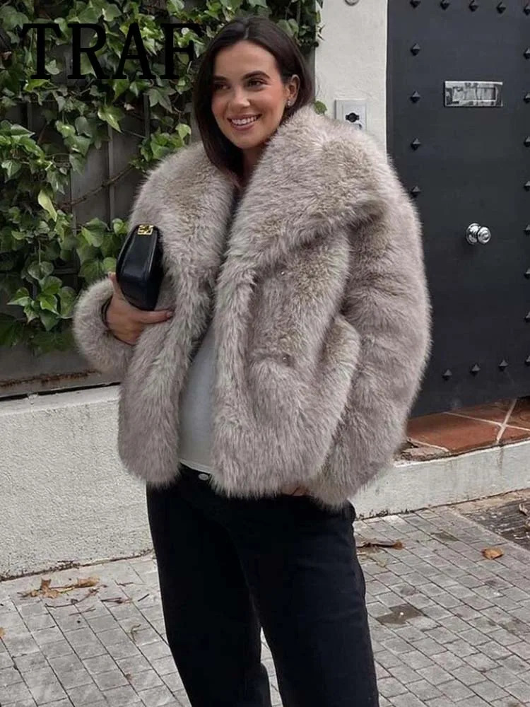 Women's Down Parkas TRAF Faux Fur Cropped Jackets for Women Coats Thick Warm Soft Jacket Woman 2023 Long Sleeve Casual Winter Coat In Outerwear 2