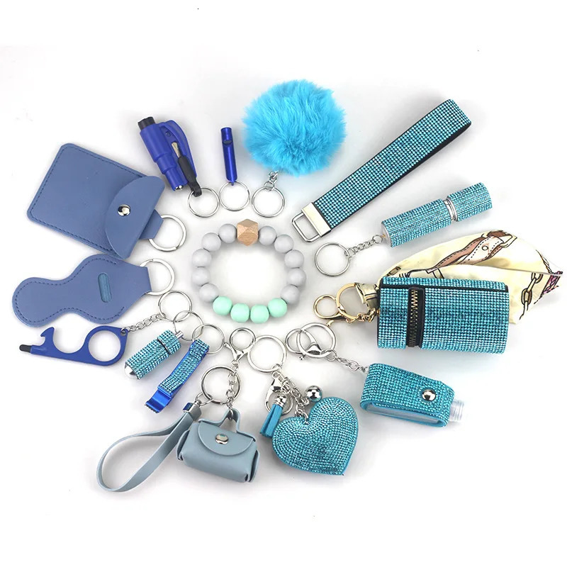 Keychains Lanyards 15pcs Portable Lipstick Masonry Defense Women Outdoor Fur ball pendant Keychain Set Key ring With Cylinder storage bag 231205
