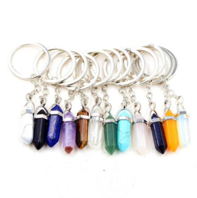 Keychains Lanyards 20pcs Natural Stone Crystal Quartzs Keychain Women Men Handbag Hangle Car Key Holder Raw Mineral Stone KeyRing Jewelry 231205