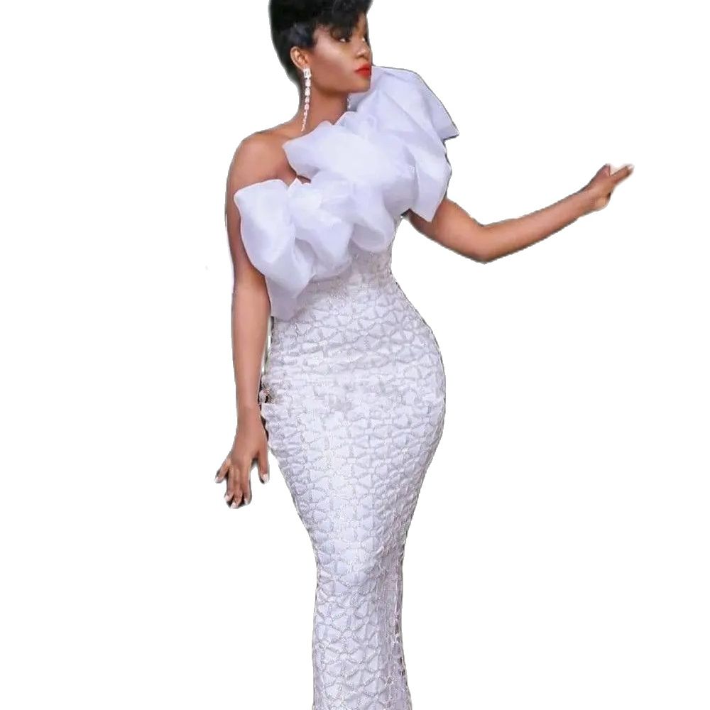 Arabic White Prom Dresses One Shoulder Ruffles Mermaid Party Celebrity Gowns Red Carpet Junior Bridesmaid Ceremony Dress