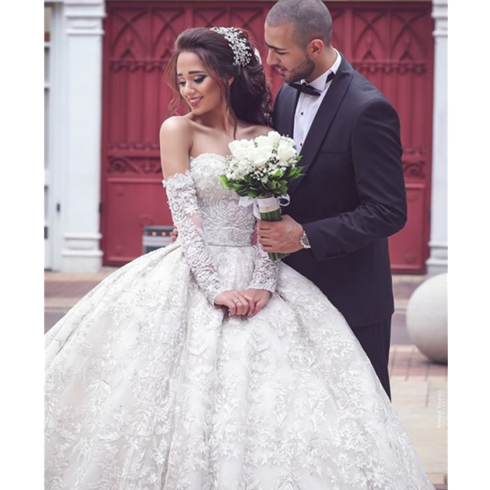 Luxury Satin Lace Ball Gown Wedding Dresses Bridal Gowns Sheer Sweatheart Neck Lace A-line Sequins Plus Size Robe De Mariee Custom Made plus size YD