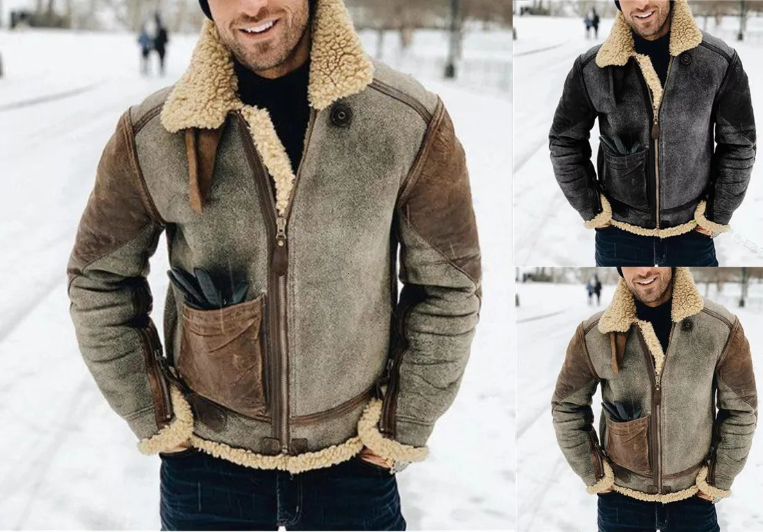 Men's Leather Faux Warm Fur Integrated Jacket Padded PU Coat Winter Lapel Contrast Color Fashion Casual 231205