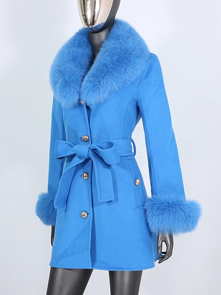 Women's Wool Blends BLUENESSFAIR Real Fur Coat Winter Jacket Women Natural Collar Cuffs Belt Cashmere Woolen Outerwear Streetwear 231206
