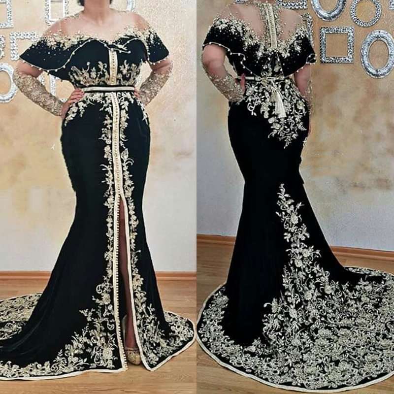 Elegant Black Velvet Mermaid Evening Dresses For Women 2024 Long Sleeves Beaded Gold Lace Appliques Luxury Arabic Dubai kaftan Formal Occasion Gowns C