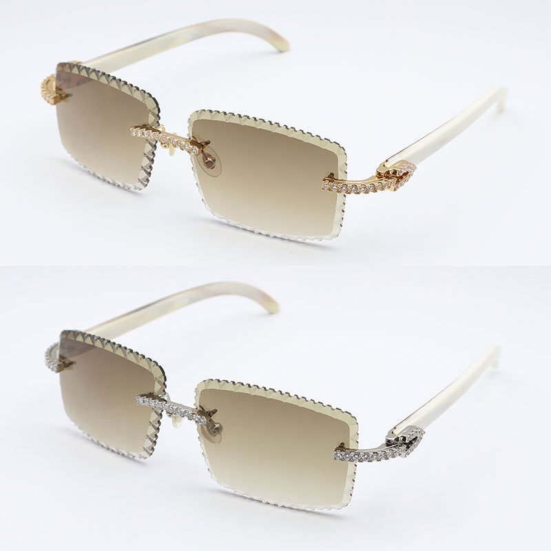 Moissanite Set Rimless Sunglasses Men Big Stones gafas de sol Original White Genuine Natural Horn Glasses Women Designer Dia cut Lens Hot