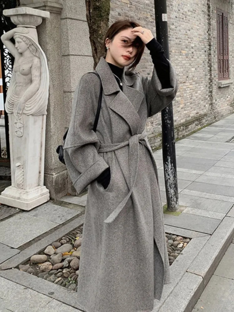 Women's Wool Blend's Trench Coats Cashmere Windbreaker Jackets Elegant Turn Down Collar Loose Style Woolen Overcoat With Belt Long 231206