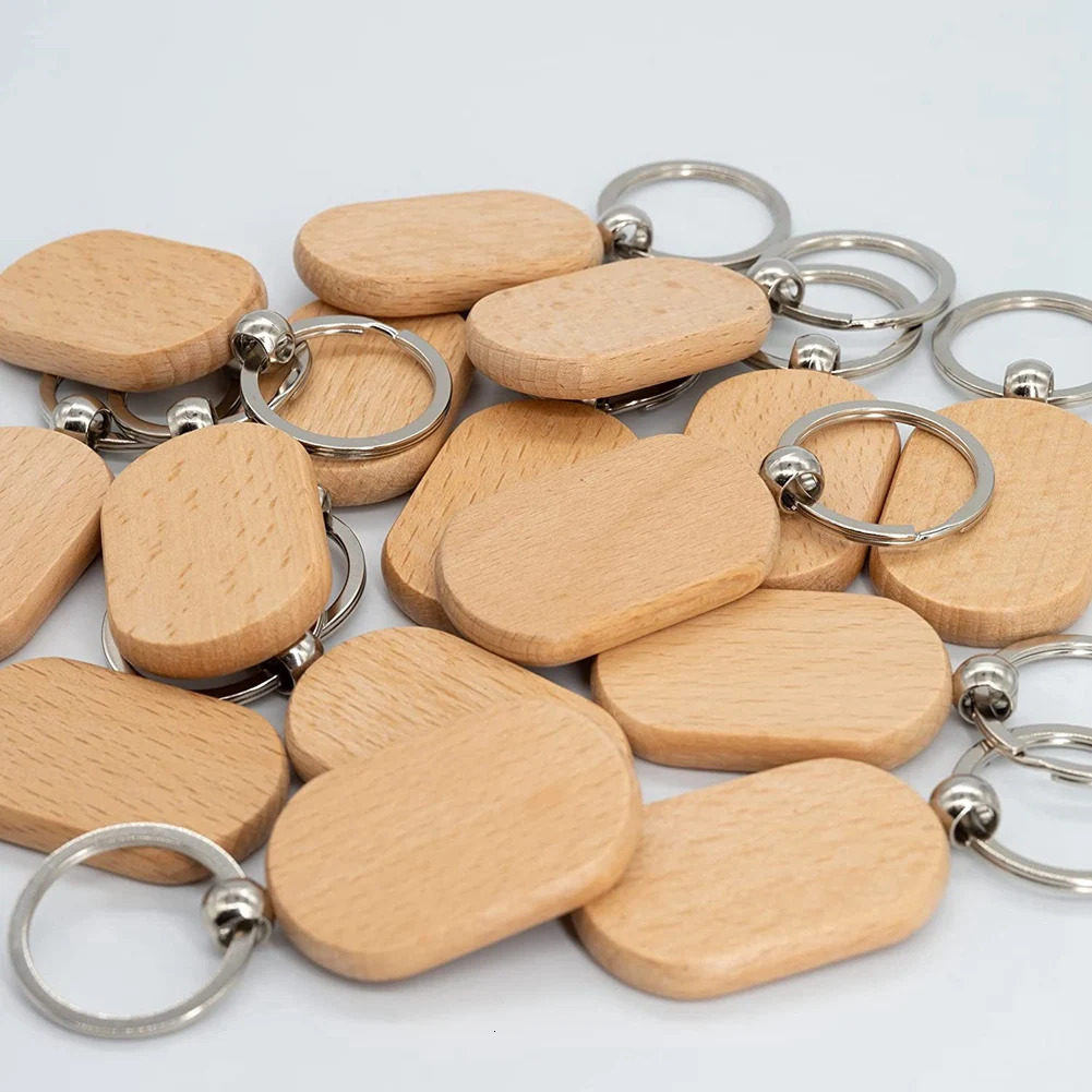 Keychains Lanyards 20 Pcs Blank Wooden Tag Key Diy Wood Keychains Key Wood Engraving Blanks 231205