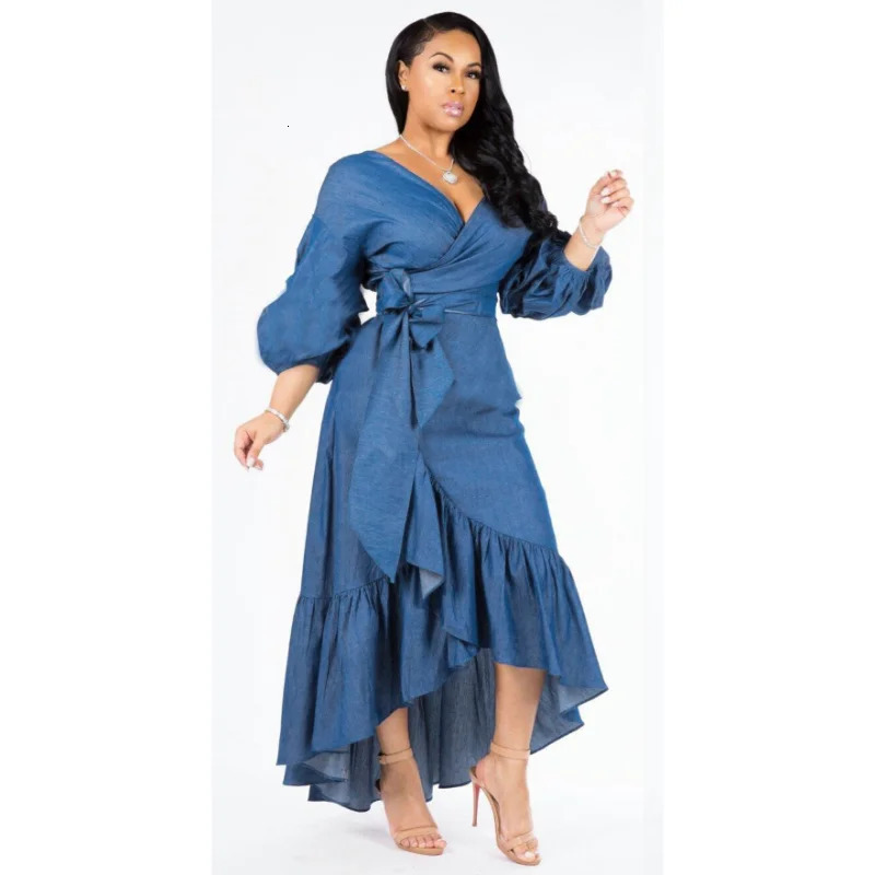 Urban Sexy Dresses WSFEC S2xl Elegant Women'S Long Sleeve Denim Irregular Casual Solid Maxi Dress Female Party Vestidos Wholesale Dropshopping 23