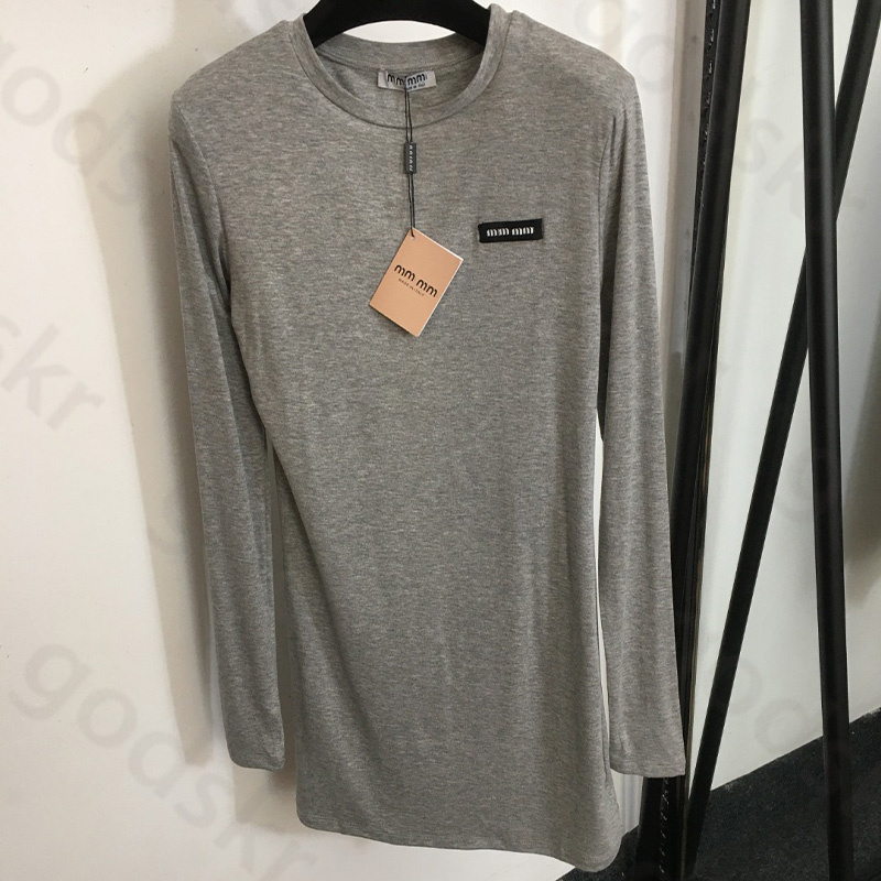 Gray Simple Slim Dress Women Sexy Long Sleeve Shirt Dress Fashion Classic Round Neck Thin Base Dress