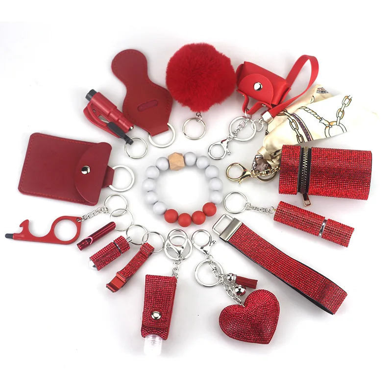 Keychains Lanyards 15pcs Portable Lipstick Masonry Defense Women Outdoor Fur ball pendant Keychain Set Key ring With Cylinder storage bag 231205