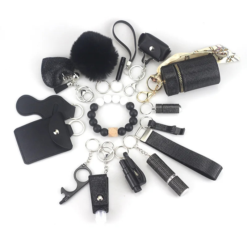 Keychains Lanyards 15pcs Portable Lipstick Masonry Defense Women Outdoor Fur ball pendant Keychain Set Key ring With Cylinder storage bag 231205