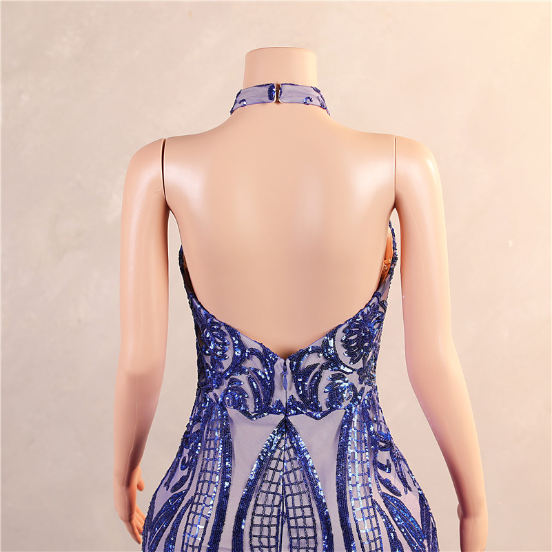 Cascading Ruffles Royal Blue Mermaid Prom Dresses Sequined Lace Flowers Halter Neck Backless Long Women Evening Party Gowns Custom Made BM3507