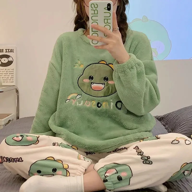Women's Sleepwear Autumn Winter Pajamas Cute Cartoon Printed Casual Home Wear Set Girl Knitted Size M3XL Pijamas Fashion Pyjama 231206