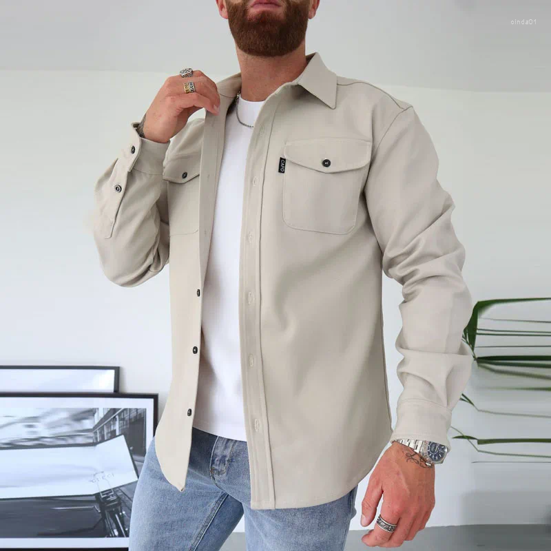 Men's Casual Shirts Shirt Jackets Autumn Winter Men Long Sleeve Lapel Top Man Single-Breasted Solid Color Pocket Coats
