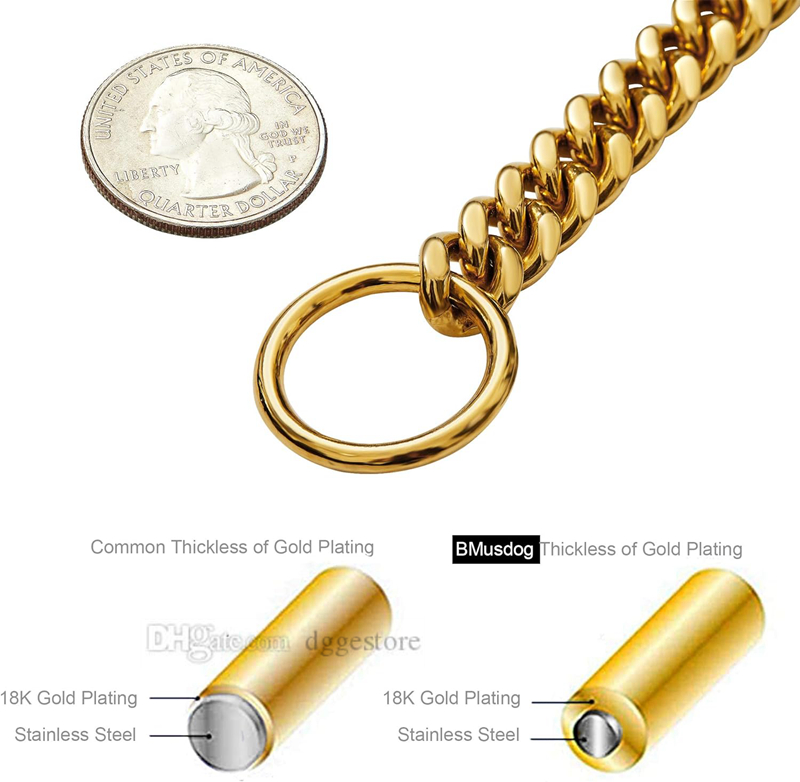 Gold 10MM Cuban k Dog Stainless Steel Metal Silp Chain Collar Heavy Duty Chew Proof Walking (10") 5 Color Wholesale B210