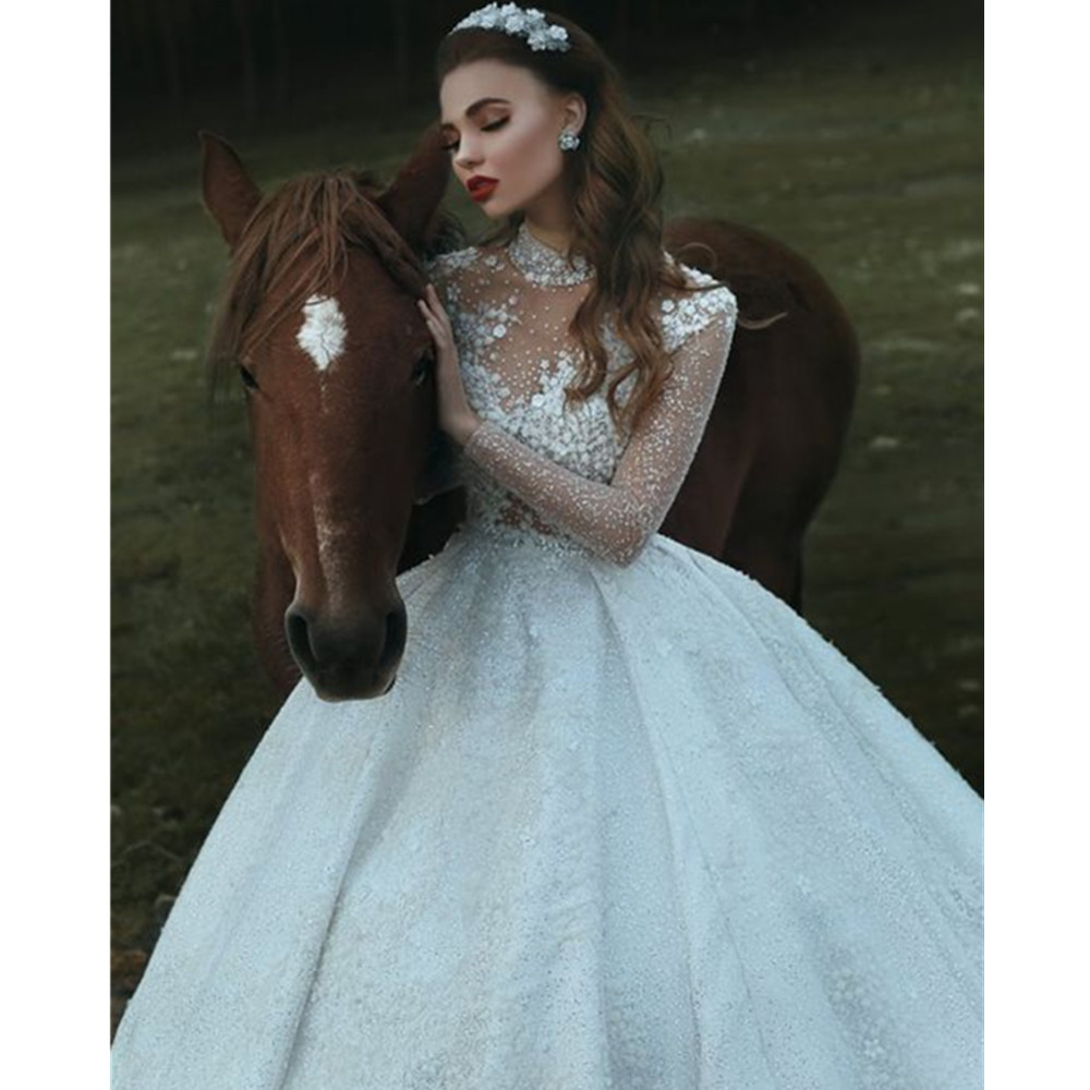 Women Sexy Wedding White Dress Deep High Neck Long Mesh Lace Sleeve A-Line Pleated Dresses YD Es