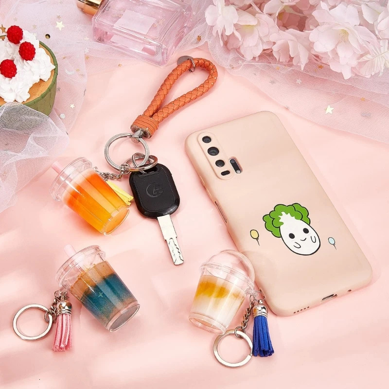 Keychains Lanyards 204Pcs Mini Cup Keychain Kit Bubble Tea Keychain Kit Mini Cup Pendant Charm with Keychain Rings Tassels Bubbles Straws 231205