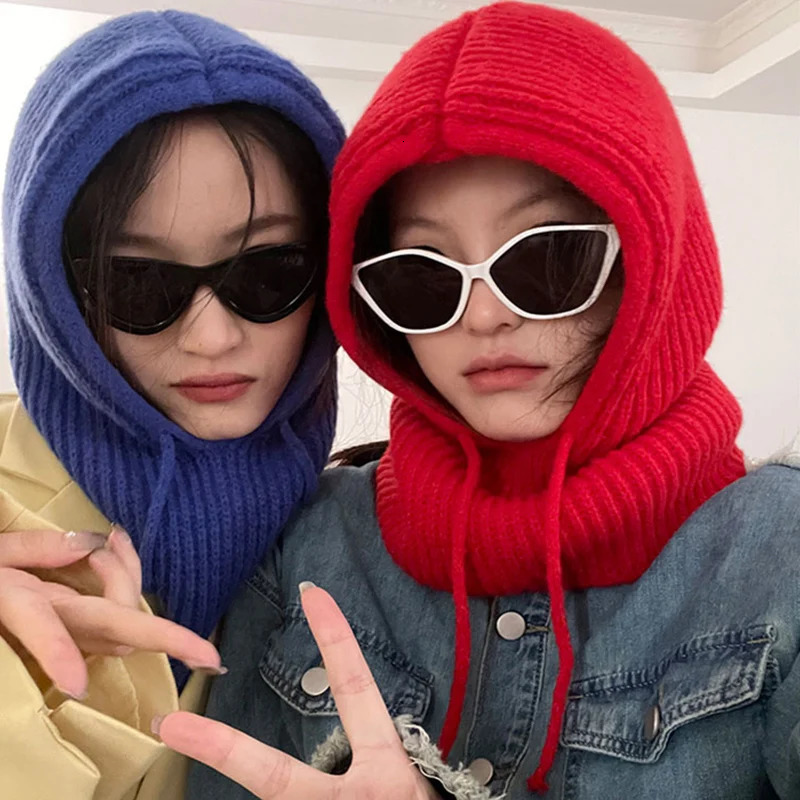 Beanie/Skull Caps Winter Womens Hats Unisex Knitted Hooded Neck Collar Cap Beanie For Men Women Drawstring Hats Warmer Balaclava Cap 231205