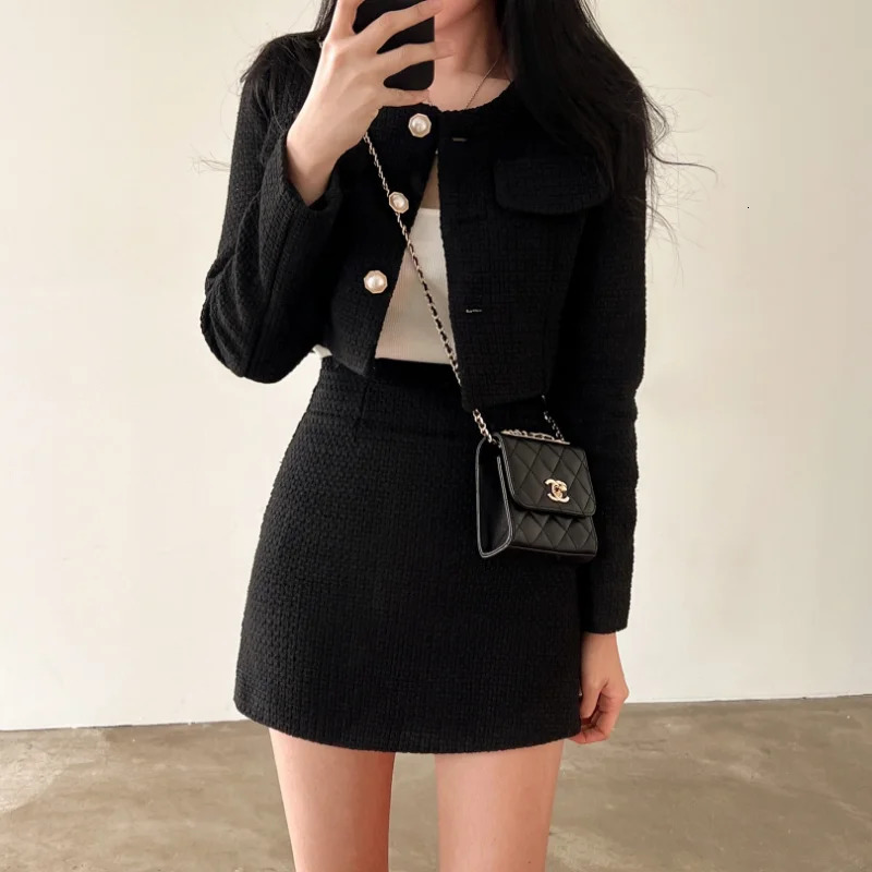 Two Piece Dress Autumn Single Breasted Tweed Jackets Women Coat High Waist Mini Skirt 2 Piece Sets Spring Outfit Elegant Office Suit 231205