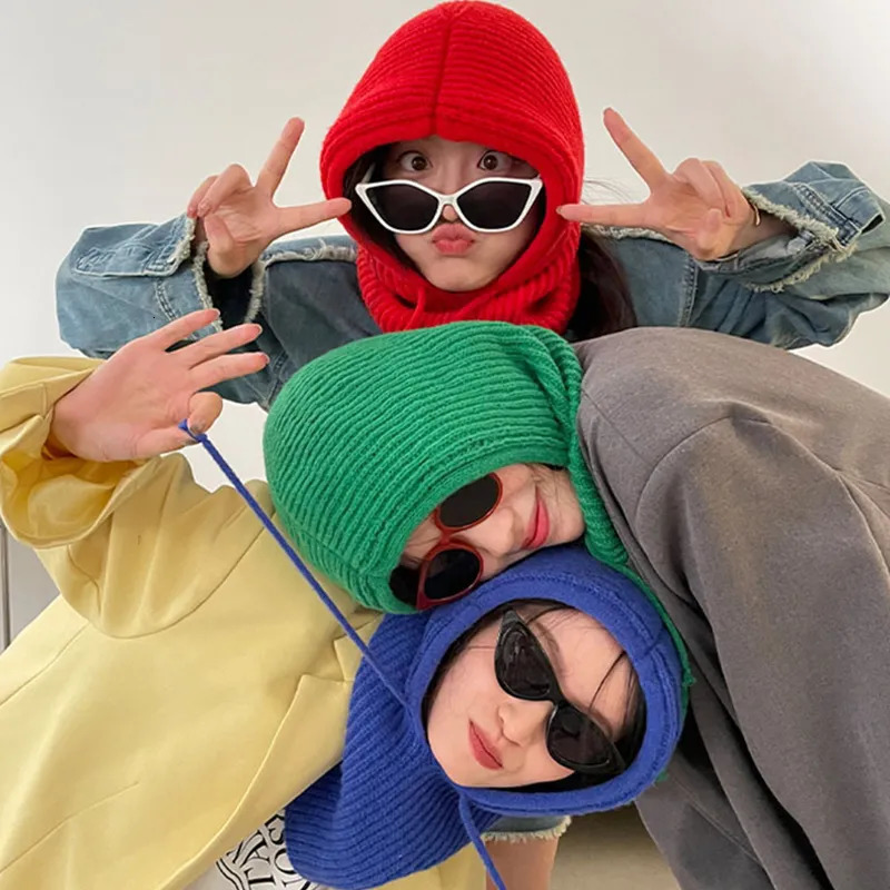 Beanie/Skull Caps Winter Womens Hats Unisex Knitted Hooded Neck Collar Cap Beanie For Men Women Drawstring Hats Warmer Balaclava Cap 231205