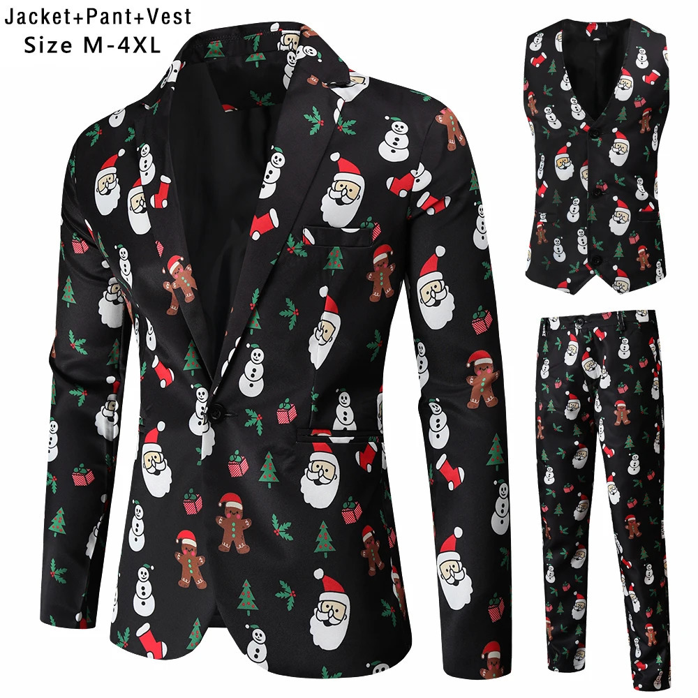 Men's Suits Blazers Men's Goggles Santa Claus Christmas Suit Fashion Three Peices Year Dress Up Costume Homme Blazer Vest Pants Suits Dress 