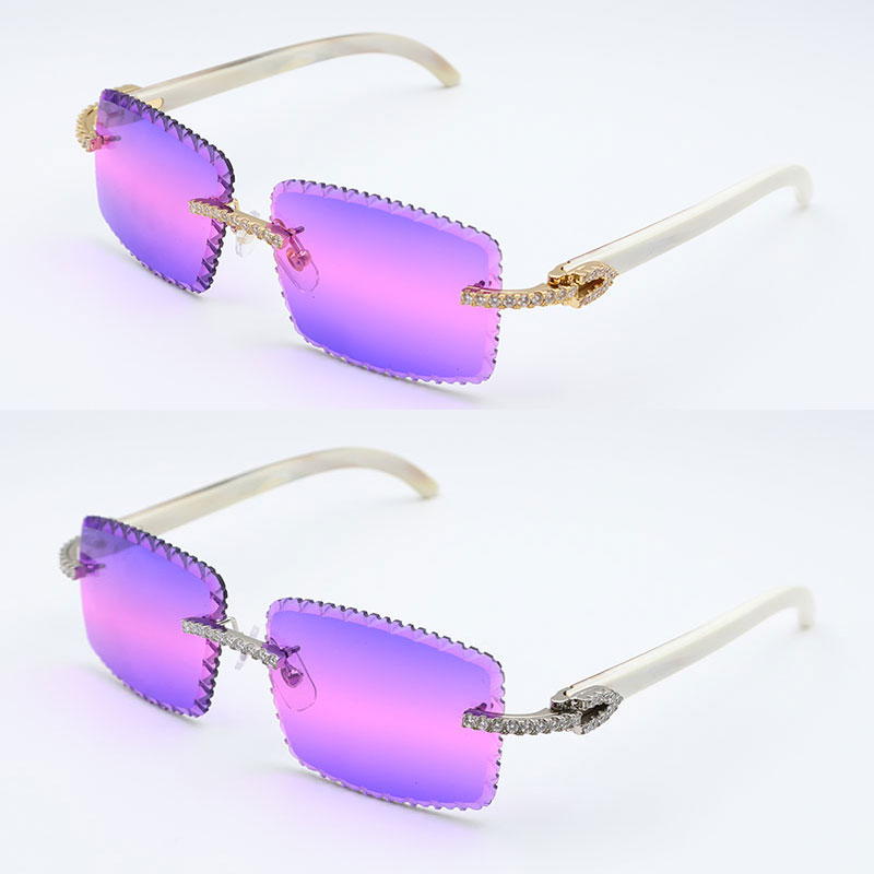 Moissanite Set Rimless Sunglasses Men Big Stones gafas de sol Original White Genuine Natural Horn Glasses Women Designer Dia cut Lens Hot
