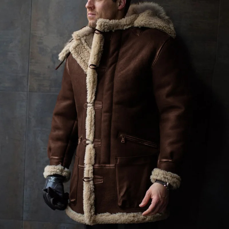 Men's Leather Faux Autumn Winter Hooded Fur Thicken Coat Integrated Plush Warm Jacket Male Single Breasted Solid Causal Outerwear 231205