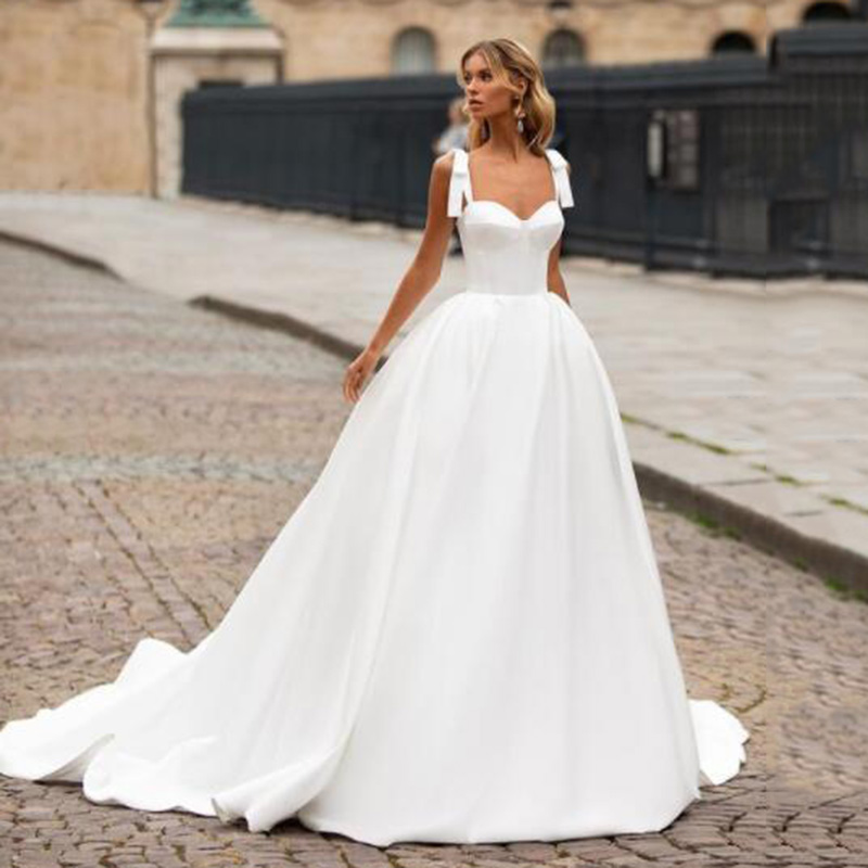 Sweetheart Off-Shoulder Wedding Dresses For Women Fancy Bow Satin Court Train Simple Lace-Up Sleeveless A-Line