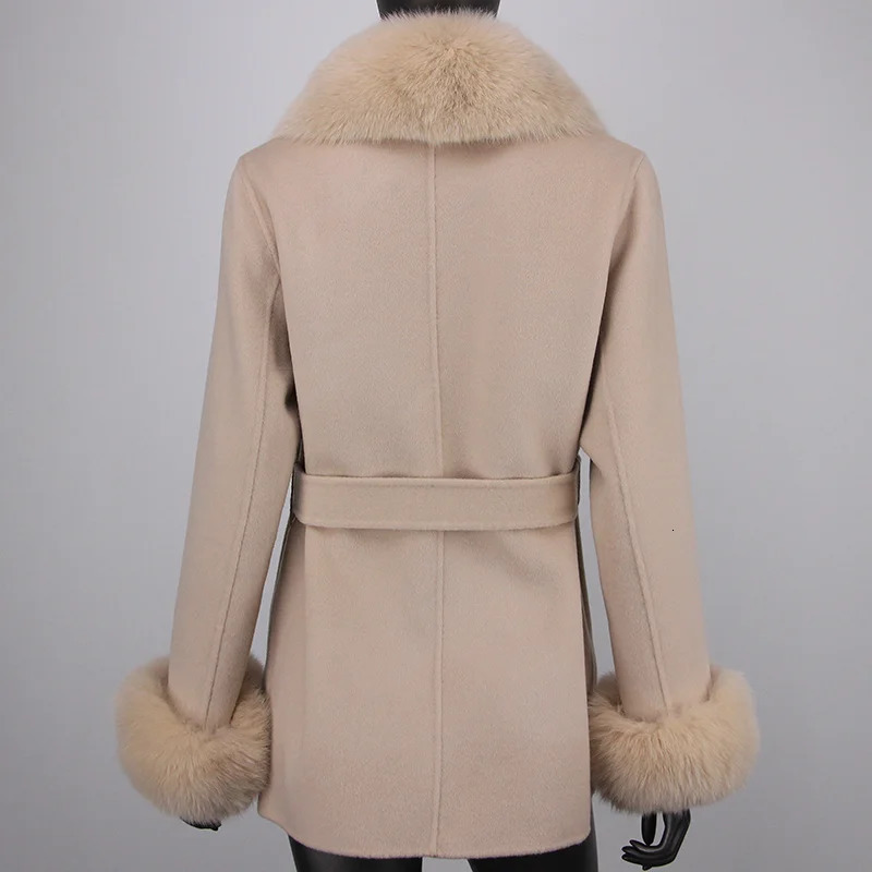 Womens Wool Blends Jackets CXFS Winter Women Cashmere Blended Coat Real Natural Fox Fur Collar Fashion Slim Jacket with Belt Loose Outwear 231206
