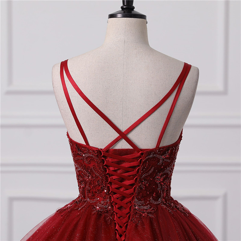 Shiny Burgundy Ball Gown Quinceanera Dresses Sexy Spaghetti Straps Backless Sequins Appliques ong Prom Evening Gowns For Teens BM3505