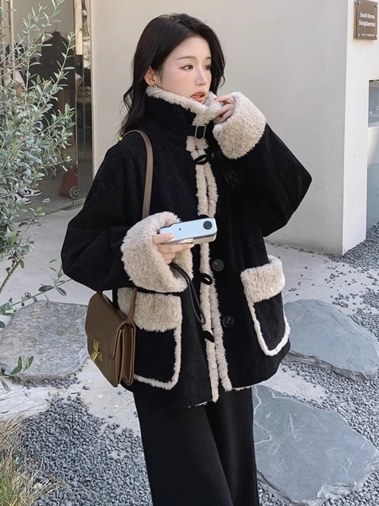 Women's Down Parkas 2023 Autumn Winter Women Warm Faux Fur Fleece Coat Jacket Ladies Lamb Wool Thickened Lapel Female Chic Outwear Corduroy Tops 