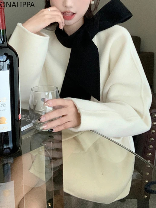 Women's Wool Blends Onalippa Bow Coat Women Twoside Single Breasted Loose Trench French Style All Match Midlength Winter Jacket 231206