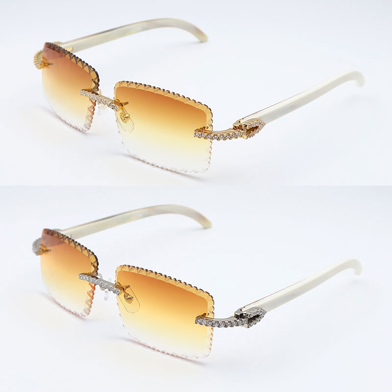 Moissanite Set Rimless Sunglasses Men Big Stones gafas de sol Original White Genuine Natural Horn Glasses Women Designer Dia cut Lens Hot