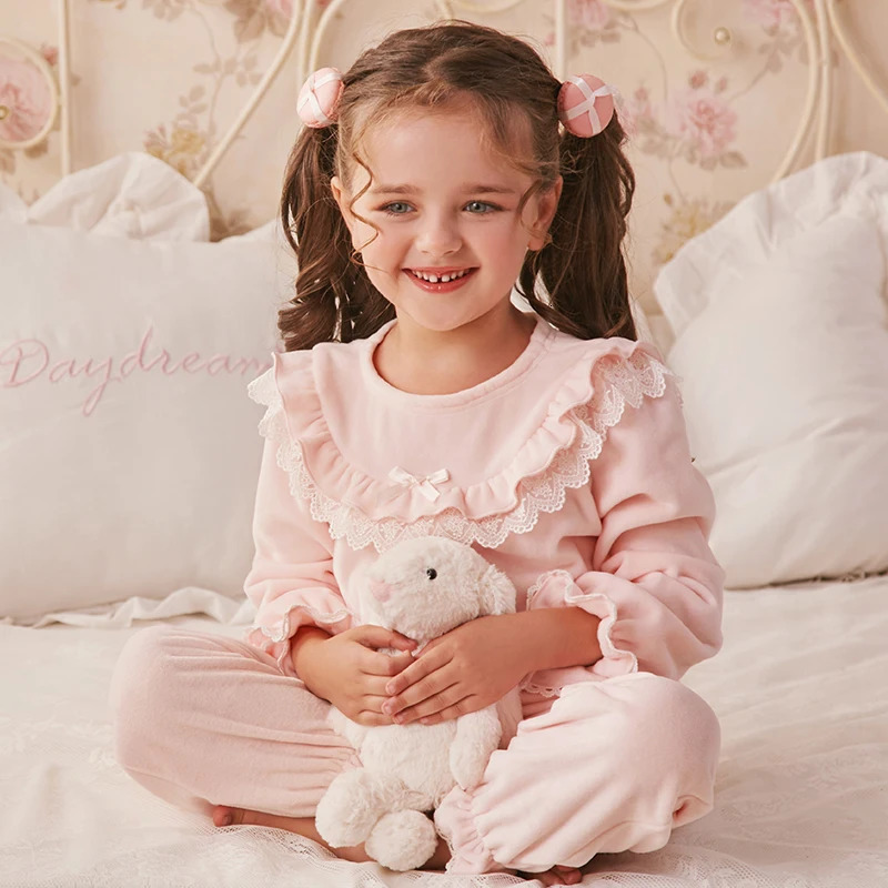 Pajamas Winter Cute Children Sleepwear Girl Coral Velvet Pink Pajama Set.Vintage Toddler Kid Lace Pyjama Set Princess Nightwear Nightie 231202
